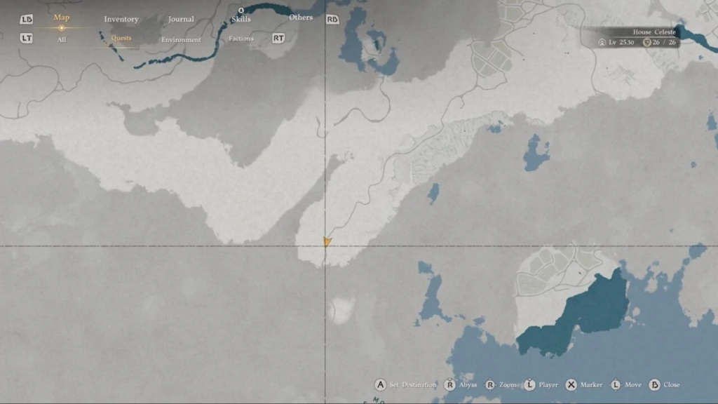 Game map cursor on coastal peninsula near House Celeste
