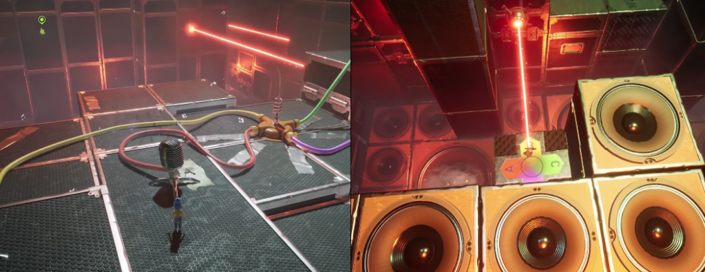 Microphone on platform with cables and red lasers