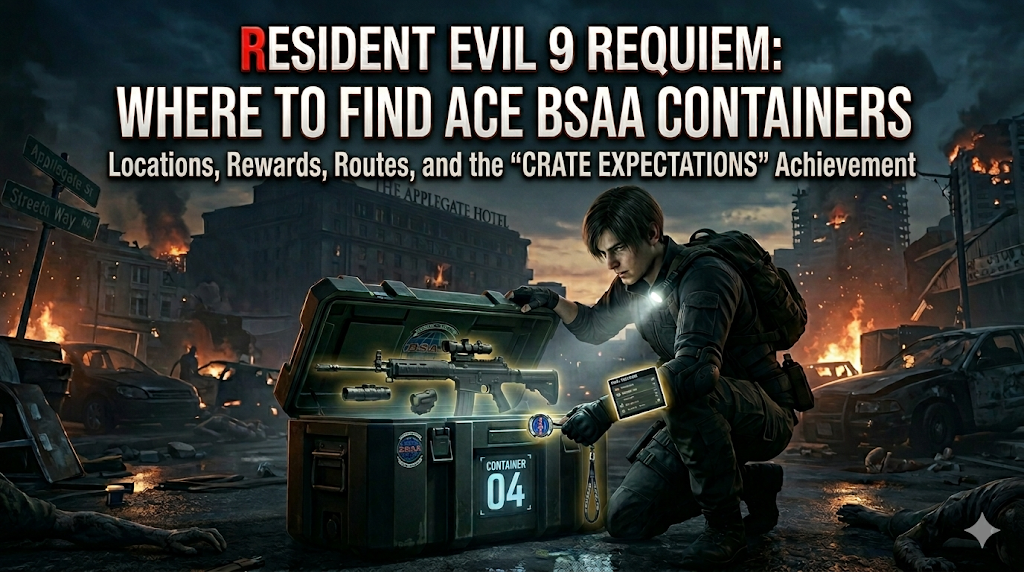 Leon S. Kennedy opens BSAA container in ruins