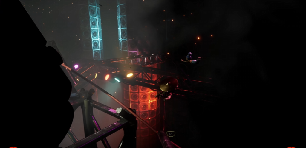 Ninja jumps across neon-lit scaffolding in dark arena