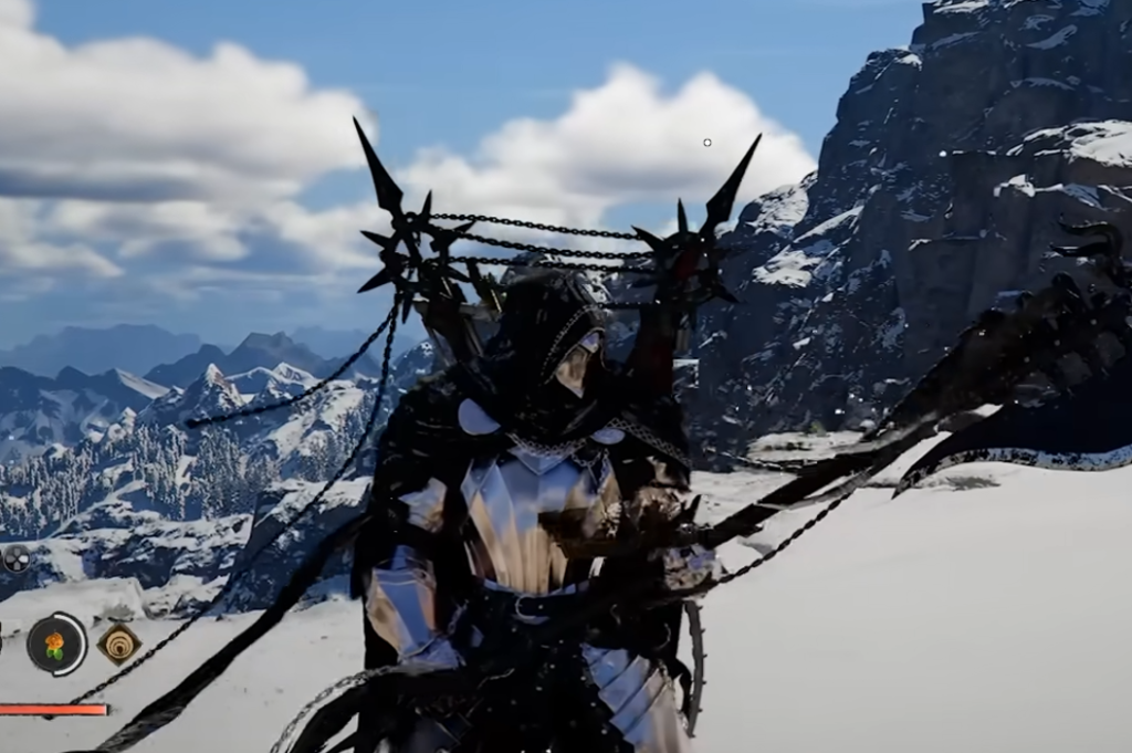 Armored warrior stands on snowy mountain ridge
