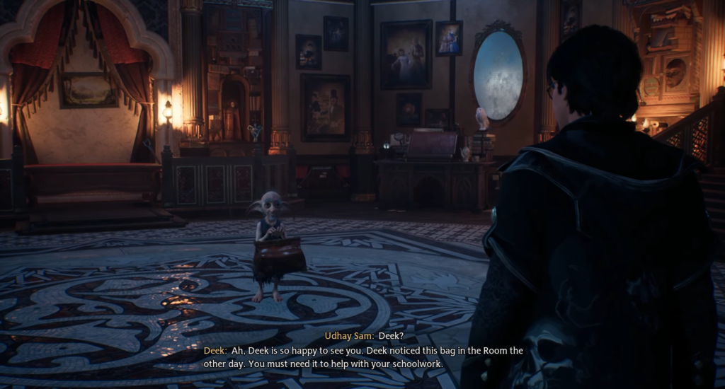 Deek holds bag facing wizard in Hogwarts Legacy room