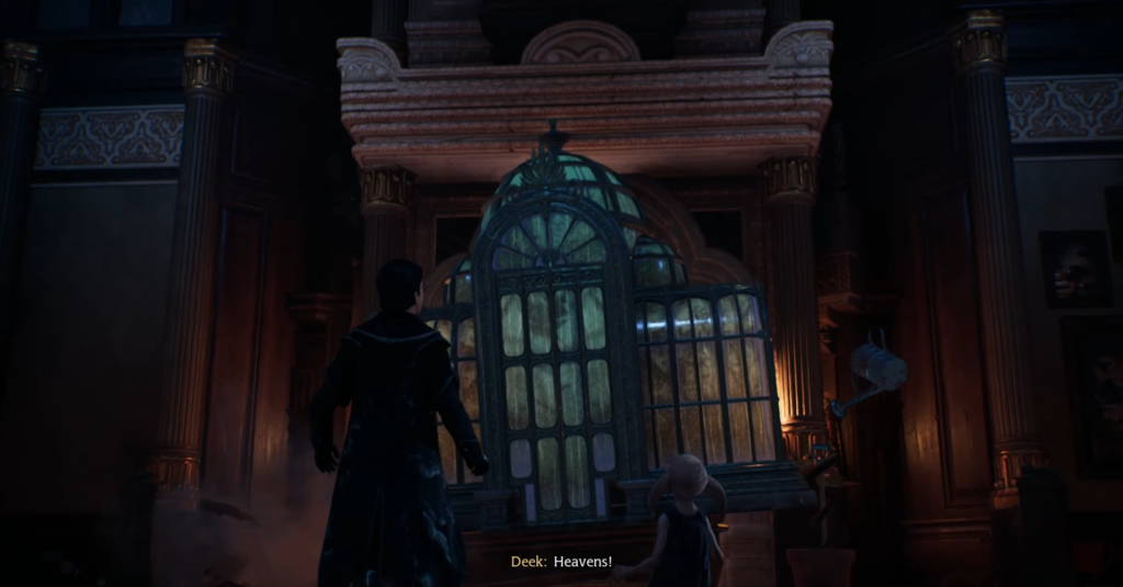 Wizard and child face glass greenhouse inside hall