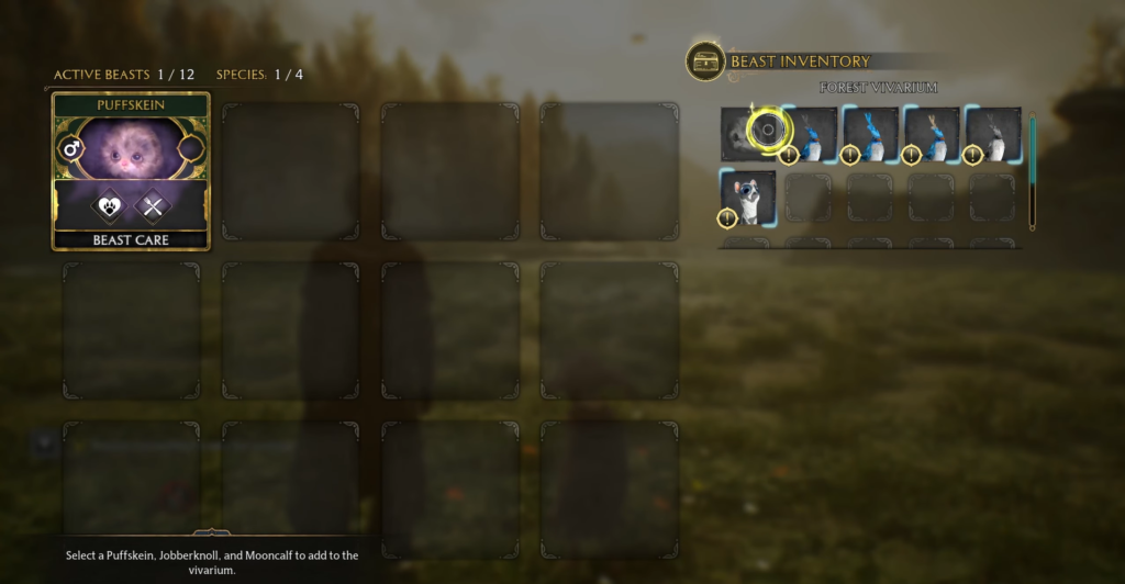 Hogwarts Legacy beast inventory showing Puffskein in vivarium