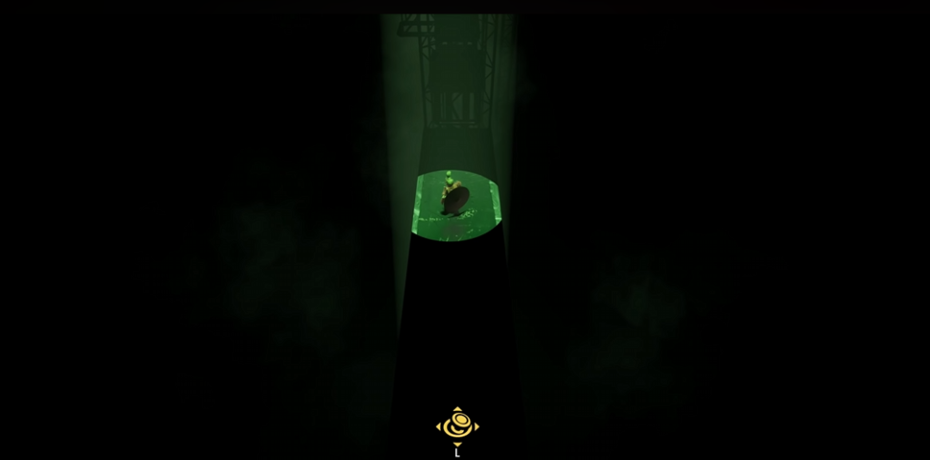 Green-lit figure standing on platform in dark shaft