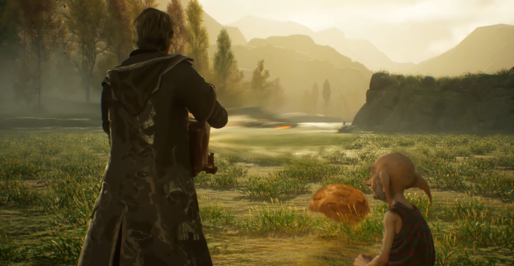 Man aiming gun near seated girl in field