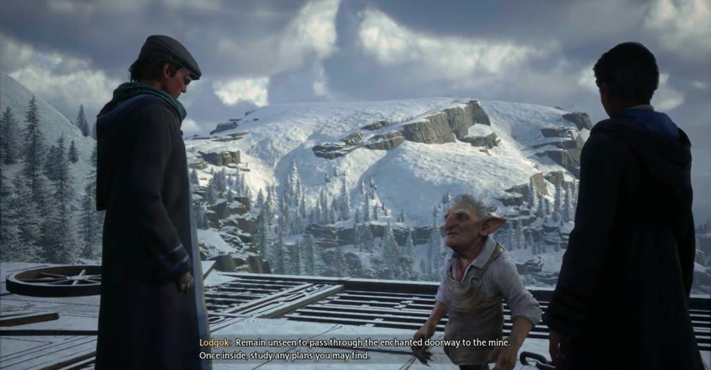 Lodgok speaks to two wizards on snowy platform