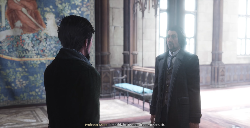 Professor Sharp talks to student in Hogwarts hallway