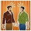 Two men standing side by side on beige background