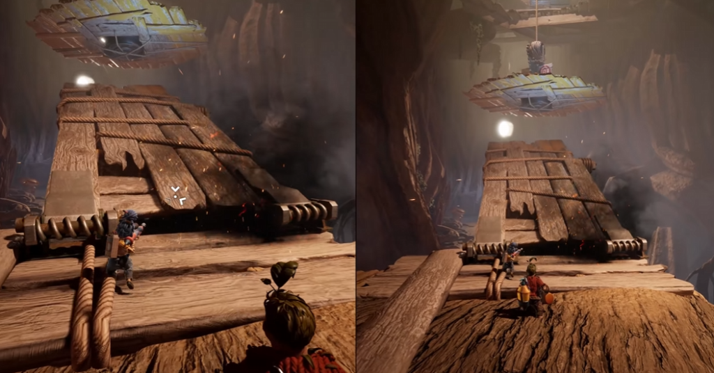 It Takes Two characters running on wooden platform bridge