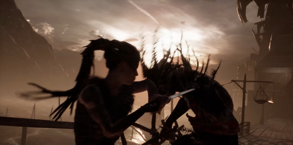 Warrior stabs enemy on wooden bridge at sunset