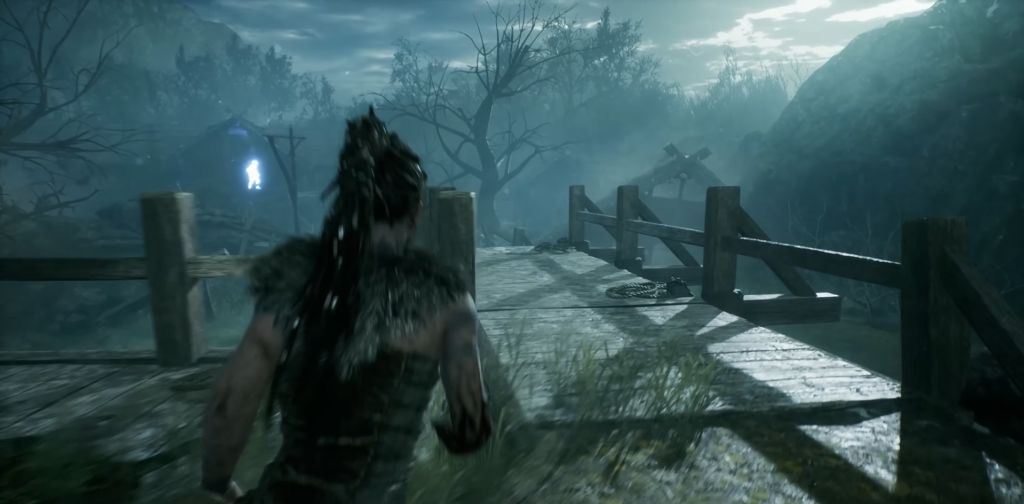 Senua runs on wooden bridge in foggy forest