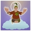 Jesus with halo raising arms above clouds