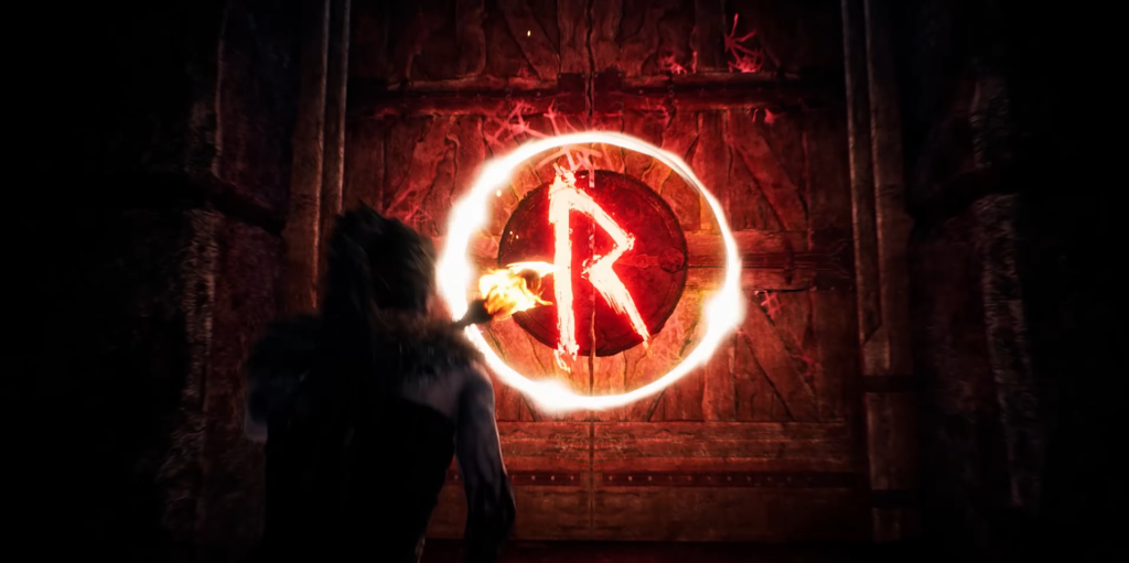 Person holding torch facing glowing red rune door