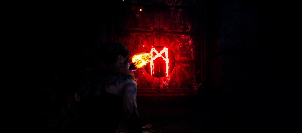 Warrior breathing fire at red rune wall in cave