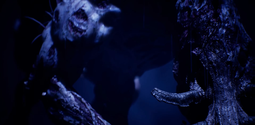 Spiked monster lunging in dark blue forest