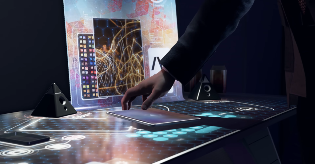 Hand using touchscreen control panel on futuristic desk