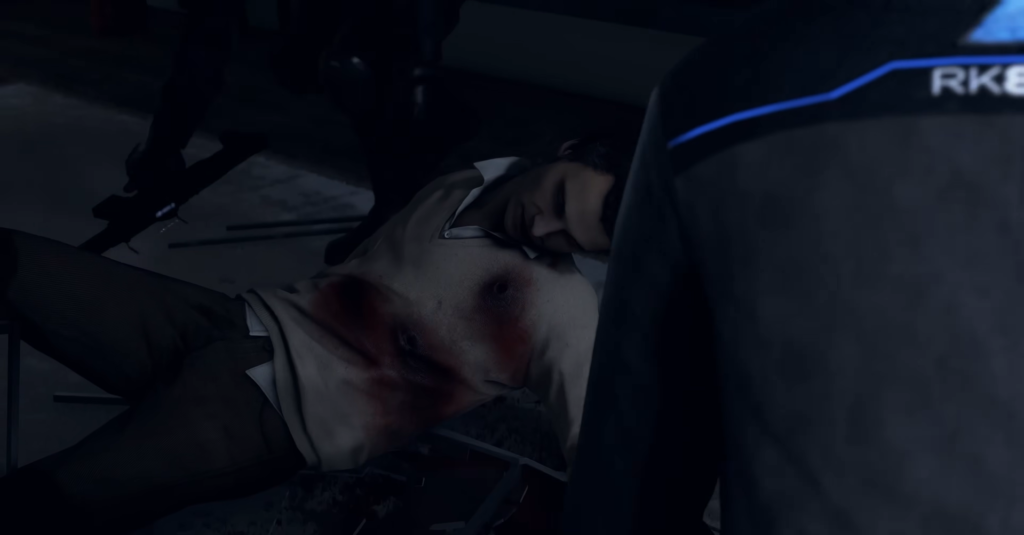 Injured man lying on floor beside chair