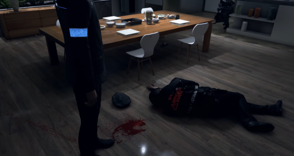Android stands over dead body in dining room