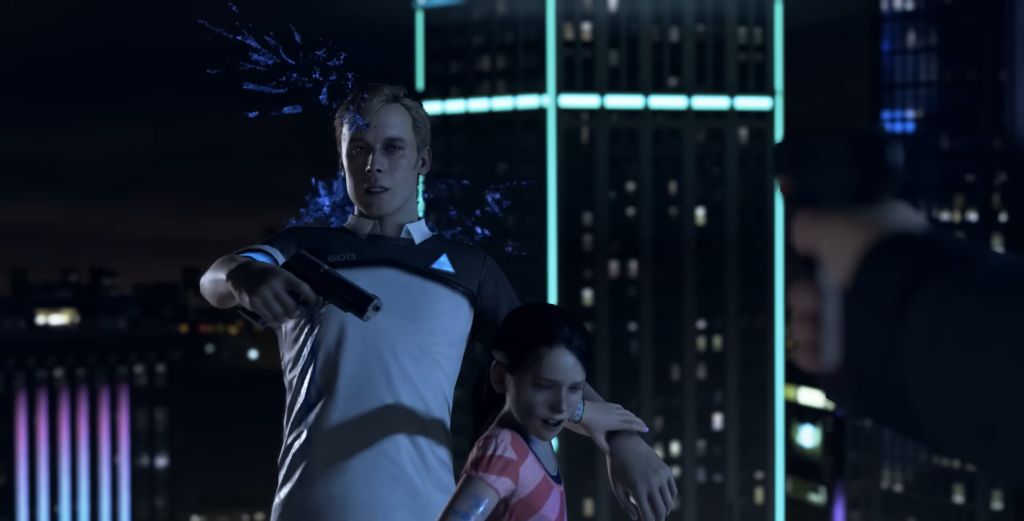 Connor holding gun beside girl on rooftop at night