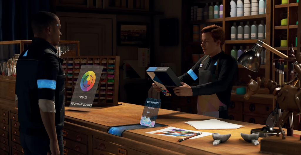 Detroit: Become Human androids holding box in paint shop