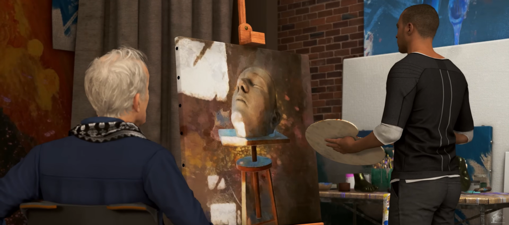 Two men painting a portrait in art studio