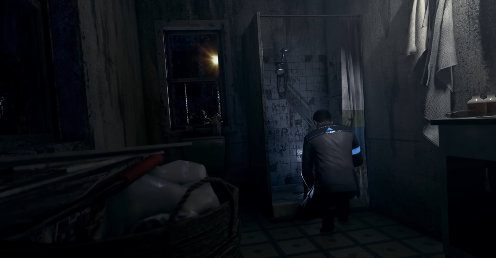 Connor from Detroit: Become Human kneeling in bathroom