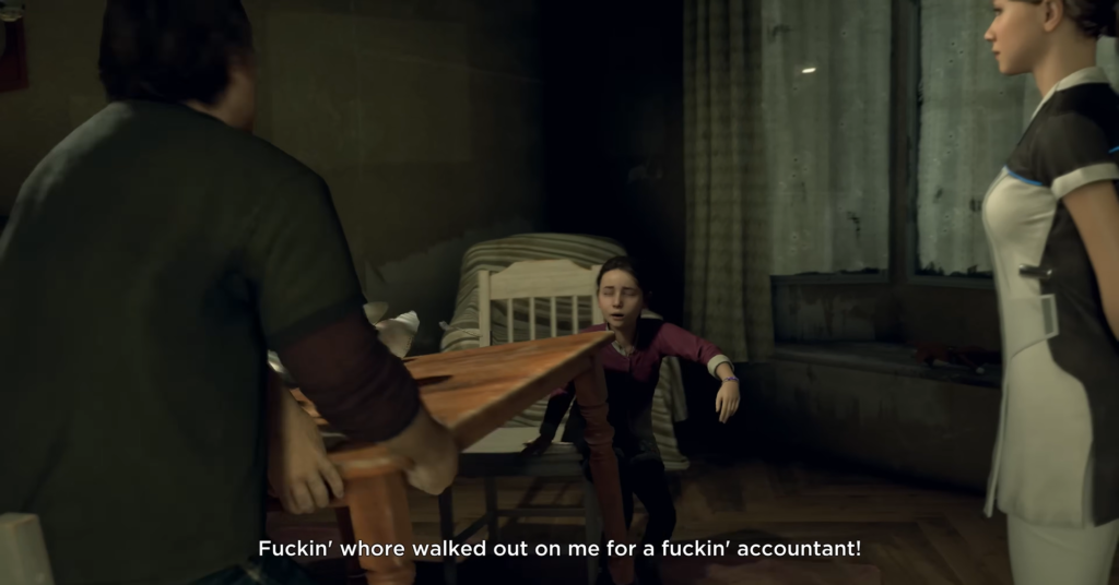 Man holding table while boy sits in room