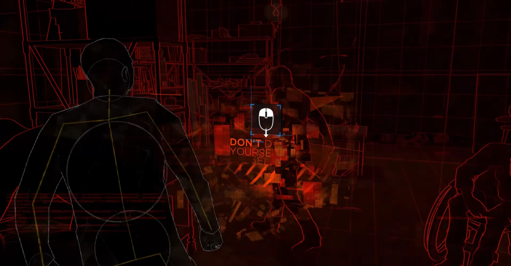 Silhouetted figures moving through red grid room interface