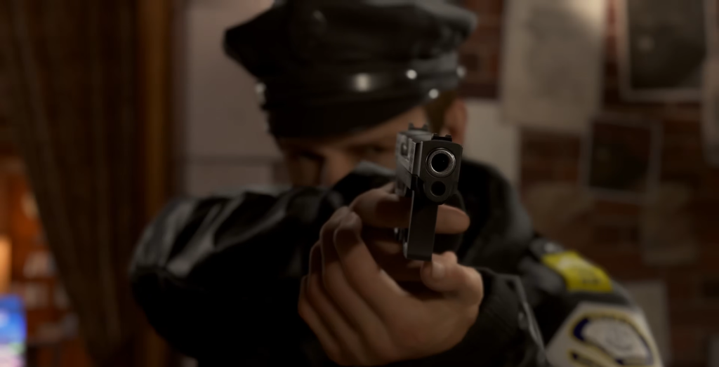 Police officer aiming handgun indoors