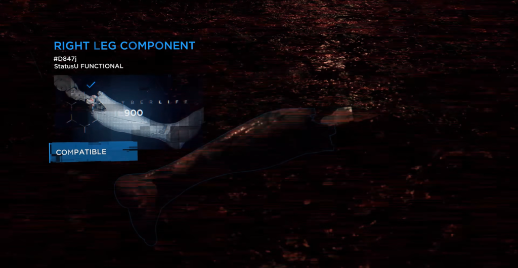 Right leg component selection screen on dark background