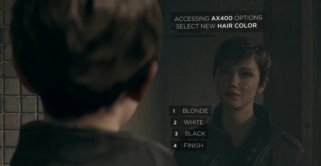 Kara from Detroit: Become Human selecting hair color mirror