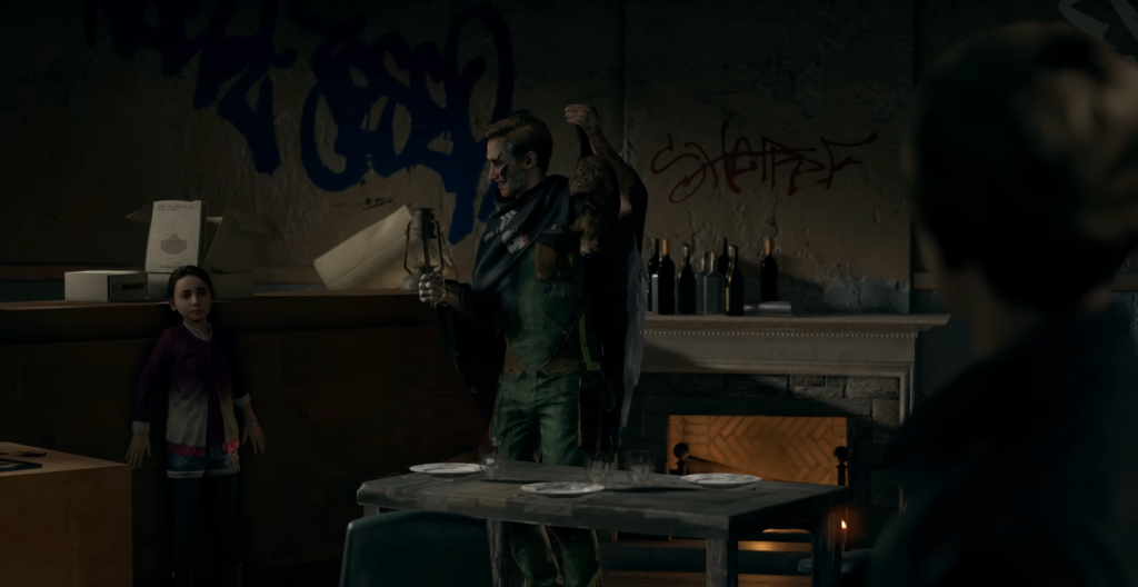 Man holding dead animal in graffiti-covered room