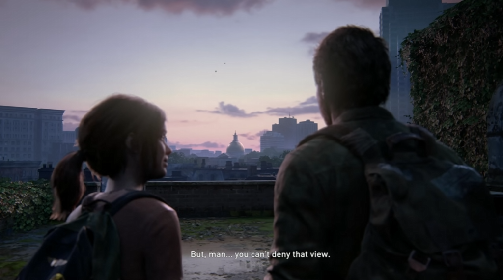 Joel and Ellie watch sunset over city skyline