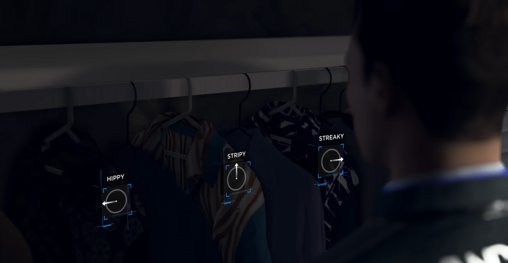 Man selecting clothes in closet with interface labels