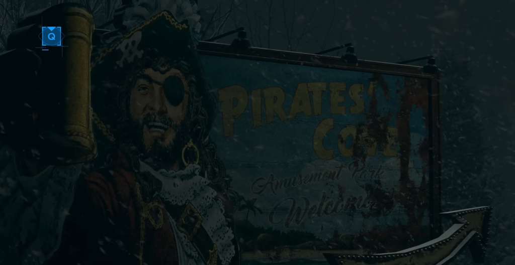 Pirate with eyepatch on Pirates Cove signboard outdoors