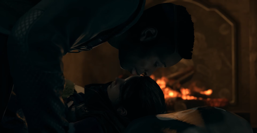 Man kissing sleeping girl beside fireplace on bed