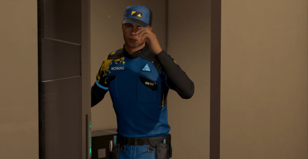 Security guard in blue uniform adjusting cap indoors