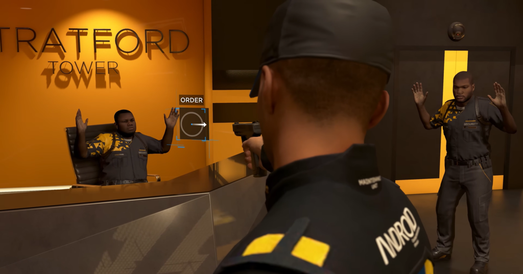 Armed guard aims gun at security guards in lobby