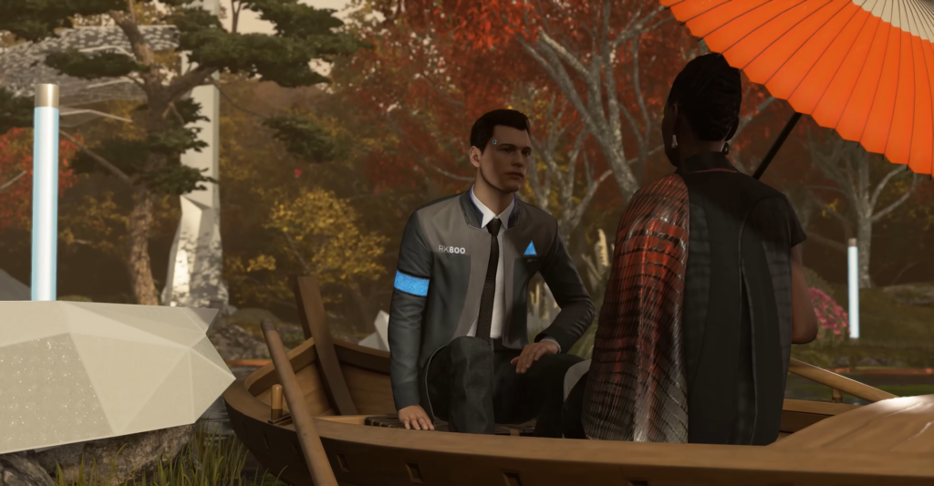 Connor from Detroit: Become Human sitting in rowboat outdoors