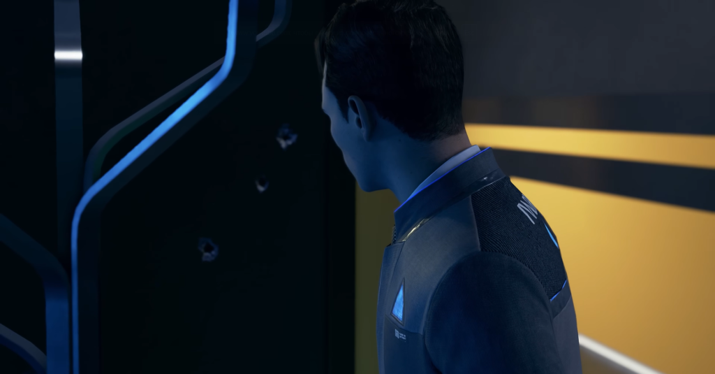 Connor from Detroit: Become Human looking at bullet holes