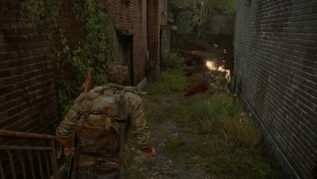The Last of Us Joel walking in overgrown alley