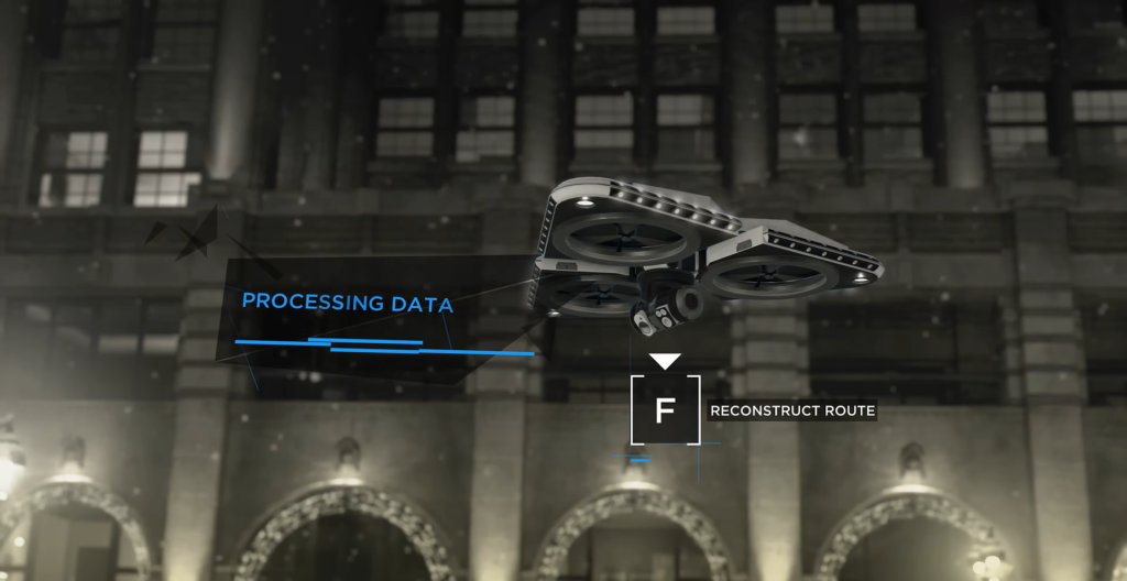 Drone hovering outside building with processing data overlay