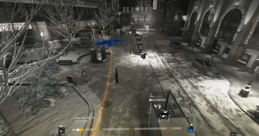 Blue drone hovering over snowy city street at night