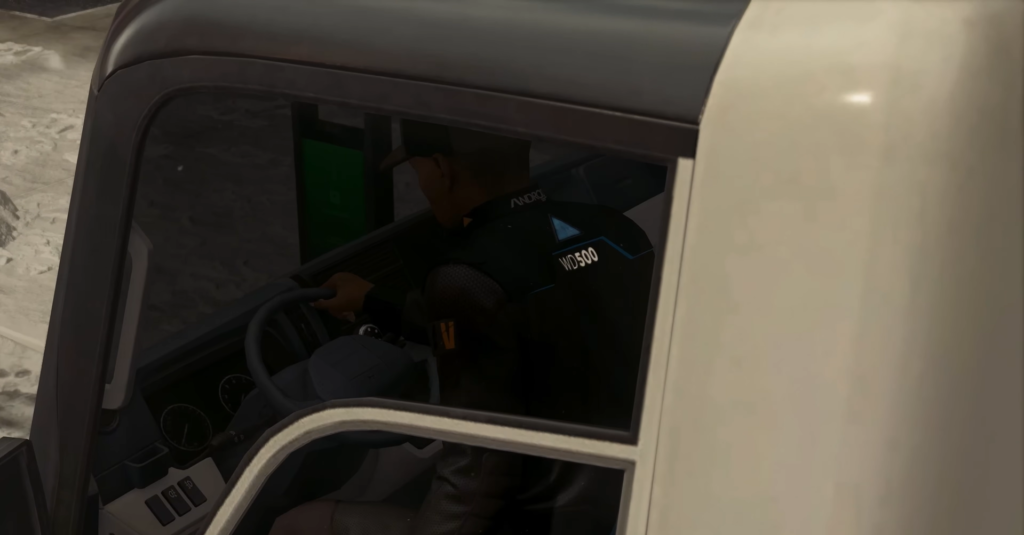 Android driving truck cab, viewed through window