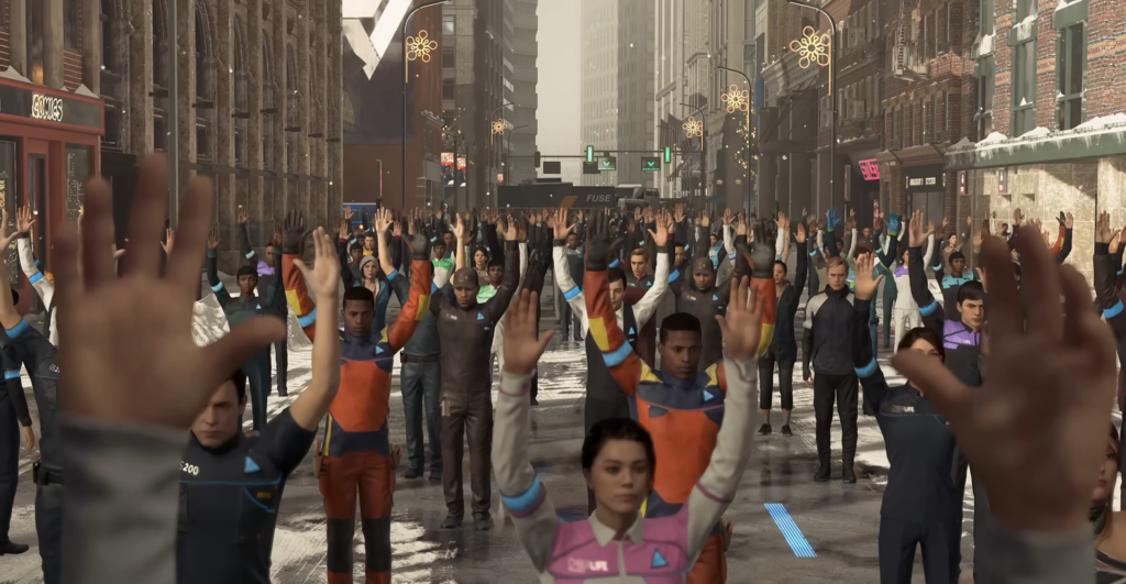 Crowd raising hands on snowy city street