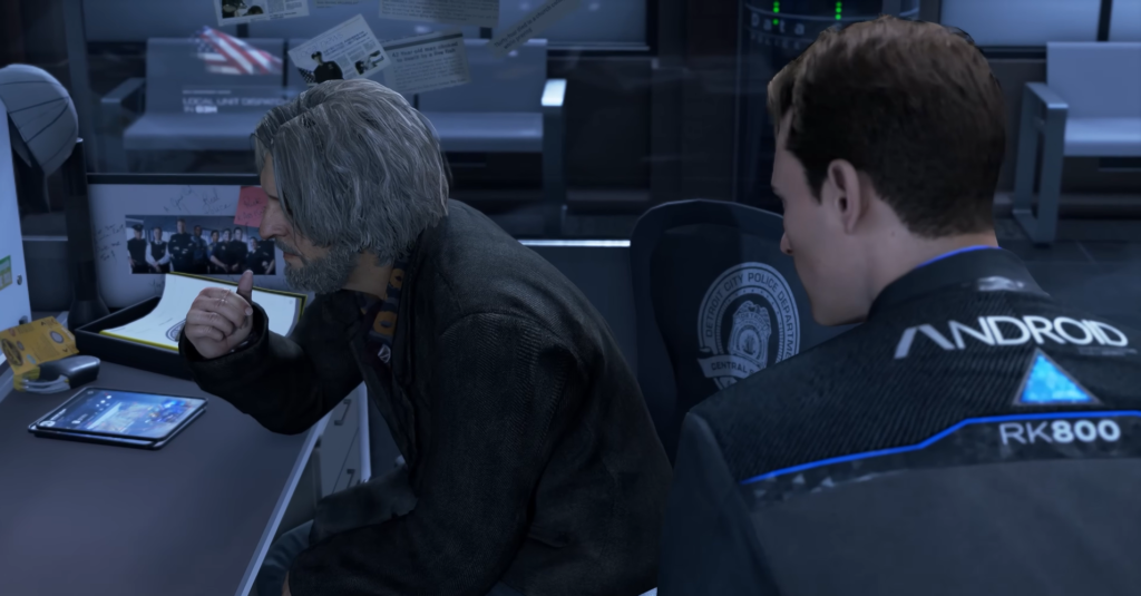 Hank Anderson and Connor sit in police office