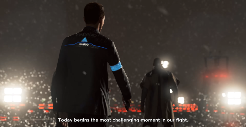 Connor RK800 walks in snow at night city