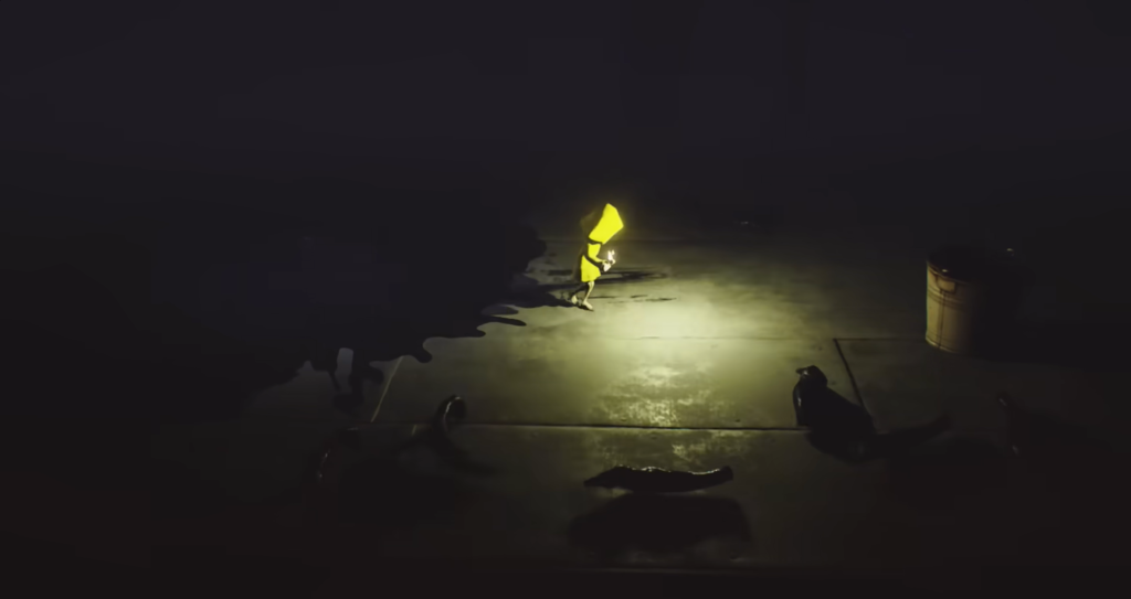 Six from Little Nightmares holding lighter in darkness