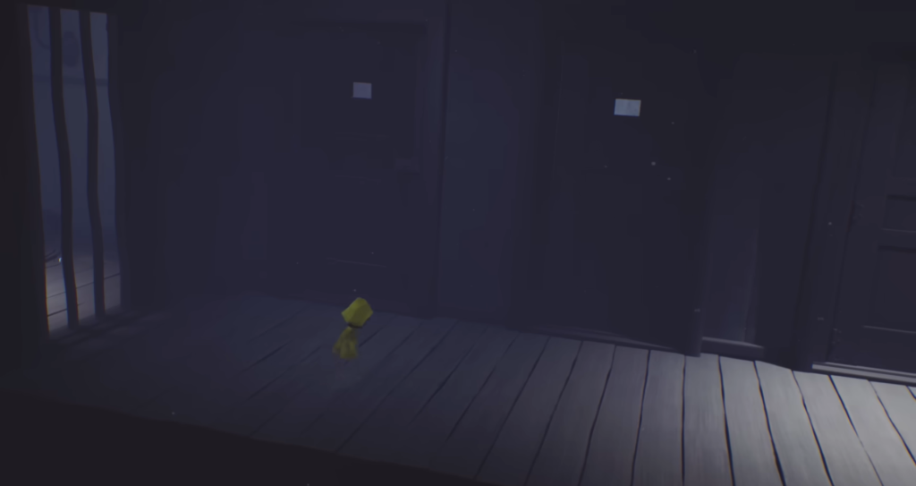 Six from Little Nightmares walking in dark hallway